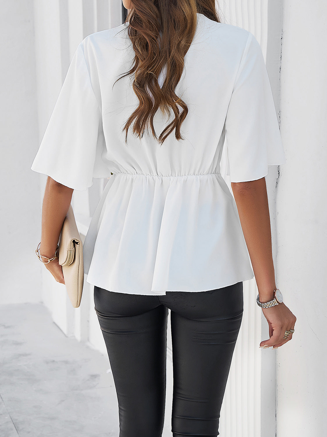 Gemini Surplice Tie Waist Half Sleeve Blouse