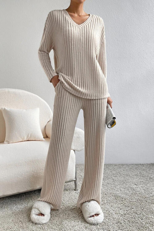 Molly Ribbed V-Neck Top and Pants Set