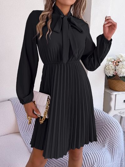 BetsyTie Neck Balloon Sleeve Pleated Dress