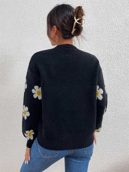 Daisy Flower Round Neck Latern Sleeve Sweater