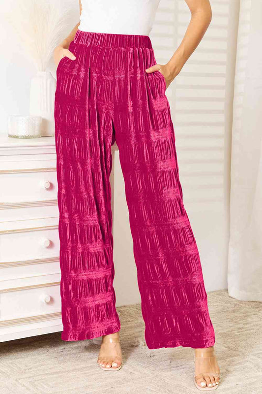 Jenni Double Take Full Size High Waist Tiered Shirring Velvet Wide Leg Pants