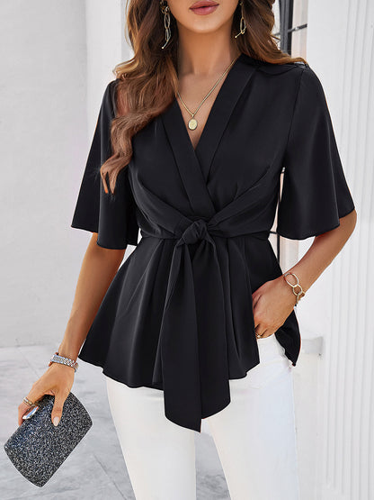 Gemini Surplice Tie Waist Half Sleeve Blouse