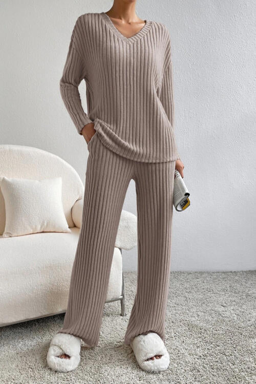 Molly Ribbed V-Neck Top and Pants Set