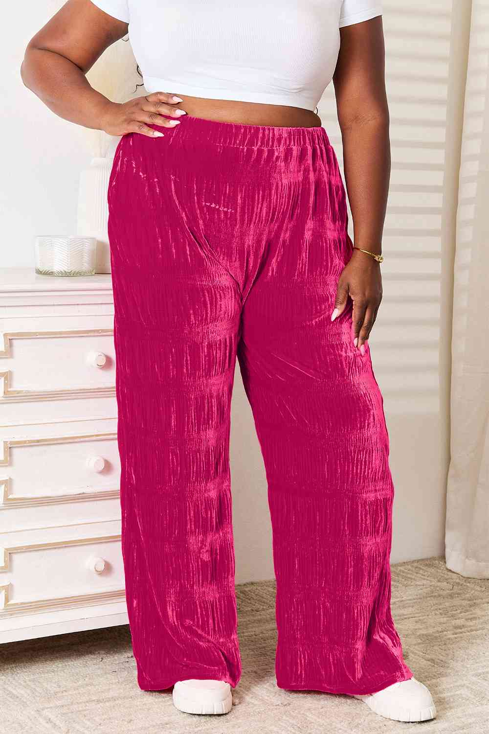 Jenni Double Take Full Size High Waist Tiered Shirring Velvet Wide Leg Pants