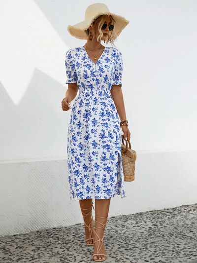 Daria Slit Printed V-Neck Short Sleeve Dress