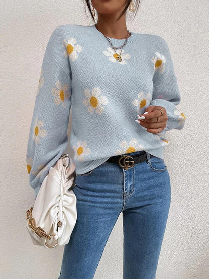 Daisy Flower Round Neck Latern Sleeve Sweater