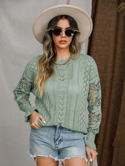 Riley Eyelet Crochet Lantern Sleeve Sweater