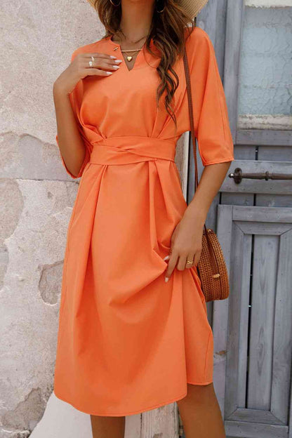 Mae Notched Neck Half Sleeve Midi Dress