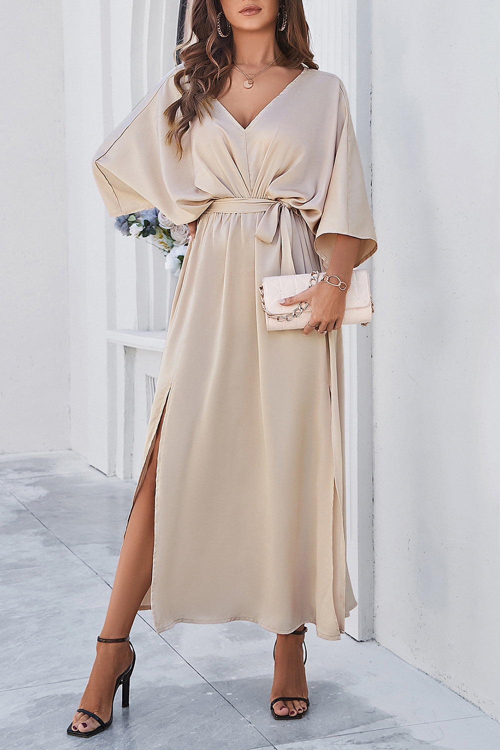 Lorelei Slit Tied V-Neck Three-Quarter Sleeve Dress