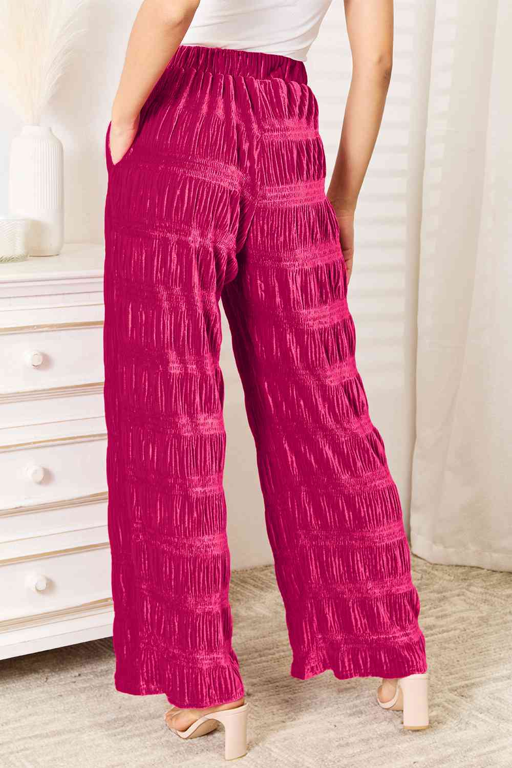 Jenni Double Take Full Size High Waist Tiered Shirring Velvet Wide Leg Pants