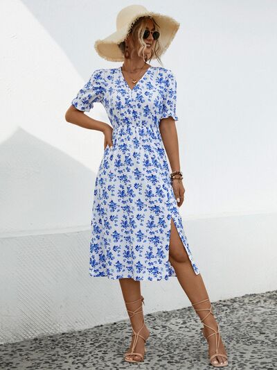 Daria Slit Printed V-Neck Short Sleeve Dress