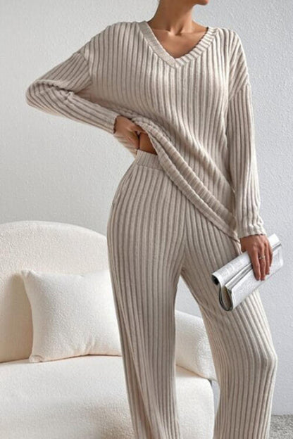 Molly Ribbed V-Neck Top and Pants Set