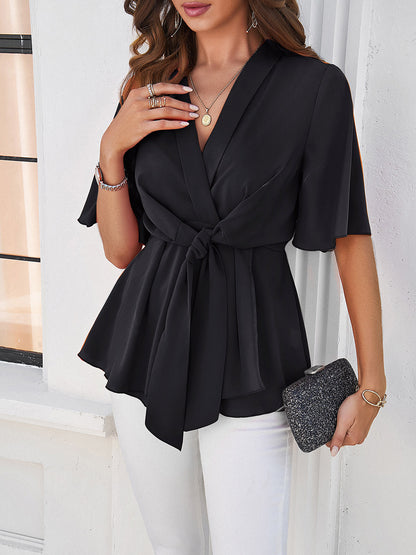 Gemini Surplice Tie Waist Half Sleeve Blouse