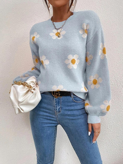 Daisy Flower Round Neck Latern Sleeve Sweater