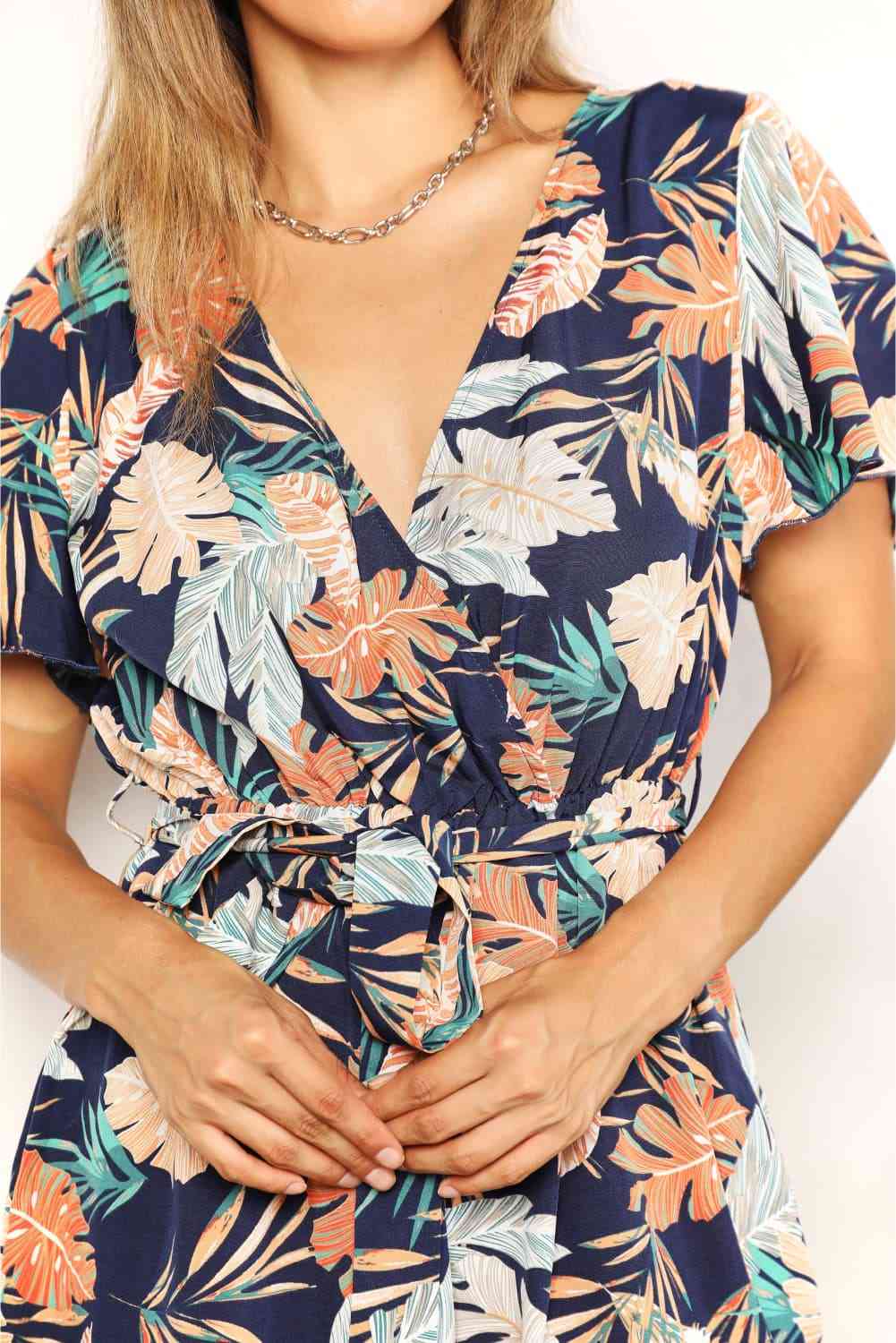 Flora Botanical Print Surplice Neck Tie Waist Romper