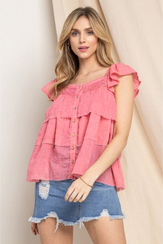 ODDI Full Size Buttoned Ruffled Top