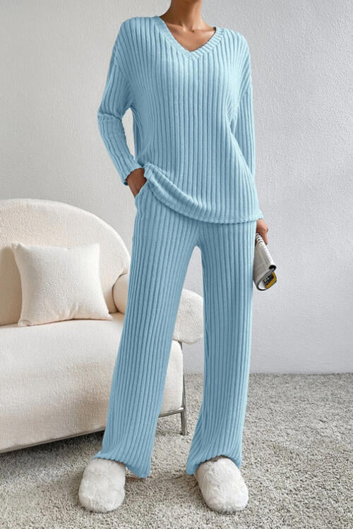 Molly Ribbed V-Neck Top and Pants Set