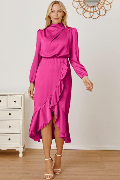 Sonia Mock Neck Ruffled Asymmetrical Dress