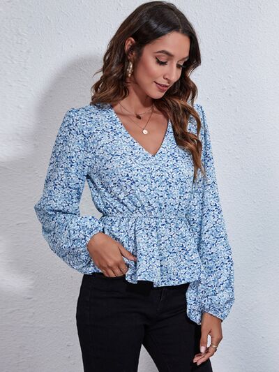 Jerri Floral V-Neck Balloon Sleeve Peplum Blouse