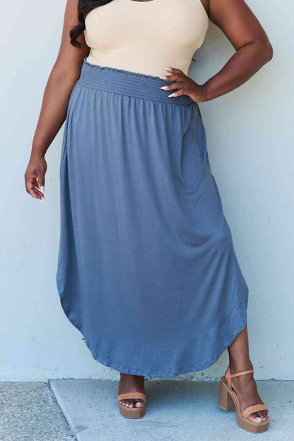 Britt High Waist Scoop Hem Maxi Skirt in Dusty Blue