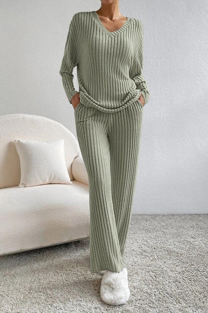 Molly Ribbed V-Neck Top and Pants Set