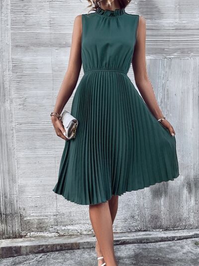 Pleated Frill Mock Neck Sleeveless Dress