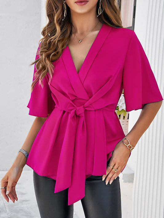 Gemini Surplice Tie Waist Half Sleeve Blouse