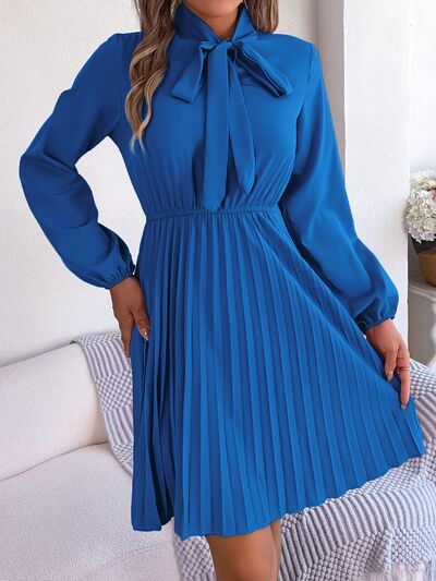 BetsyTie Neck Balloon Sleeve Pleated Dress