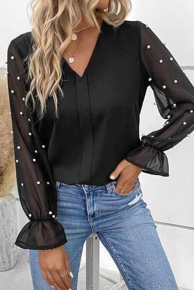 Lainey Pearl Detail V-Neck Flounce Sleeve Blouse