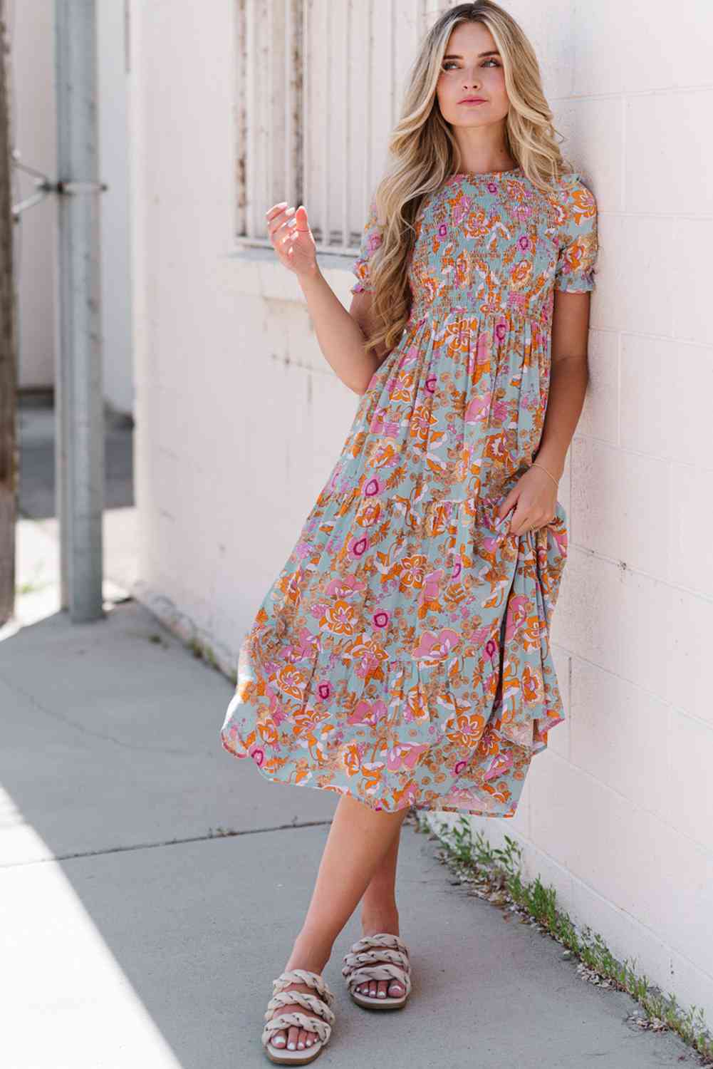 Jerick Floral Flounce Sleeve Round Neck Midi Dress