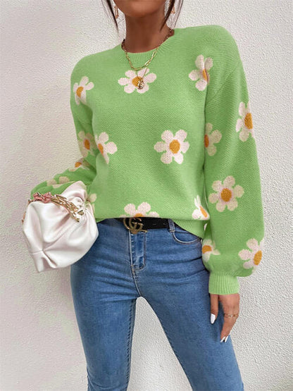 Daisy Flower Round Neck Latern Sleeve Sweater