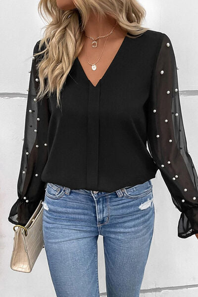 Lainey Pearl Detail V-Neck Flounce Sleeve Blouse