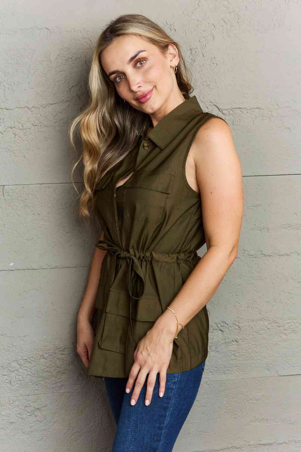 Jenny Sleeveless Collared Button Down Top Army Green