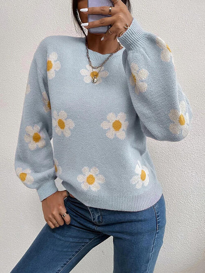 Daisy Flower Round Neck Latern Sleeve Sweater