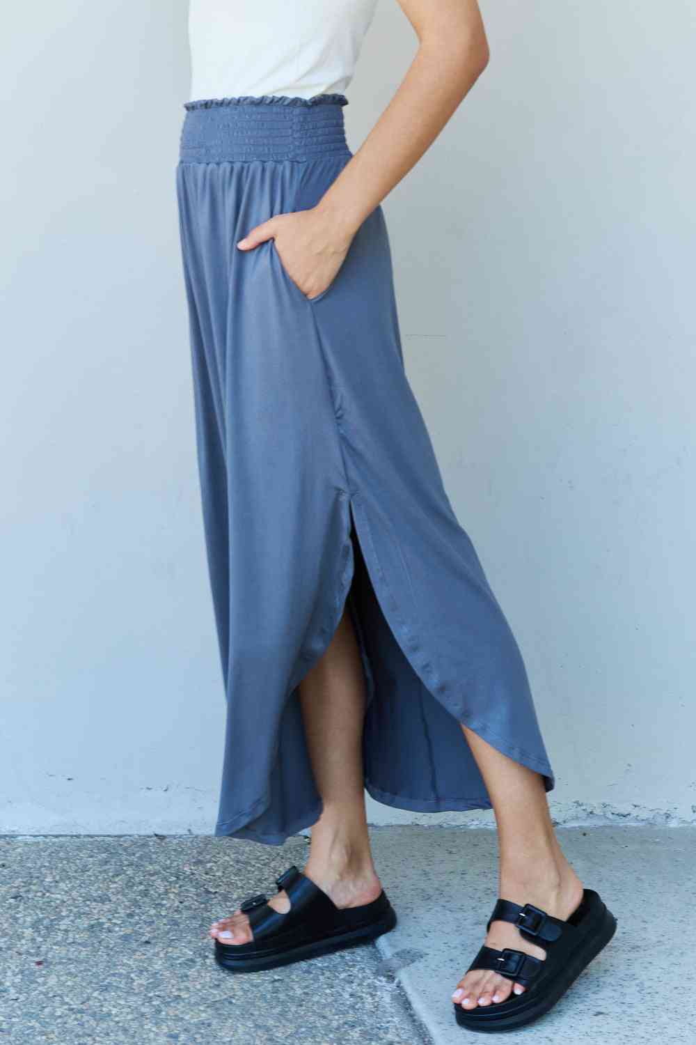 Britt High Waist Scoop Hem Maxi Skirt in Dusty Blue