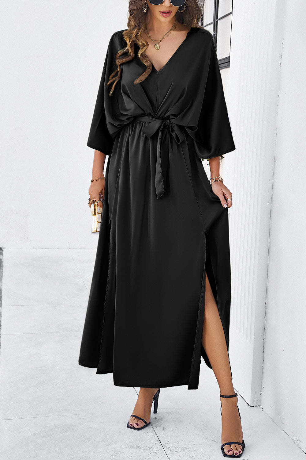 Lorelei Slit Tied V-Neck Three-Quarter Sleeve Dress