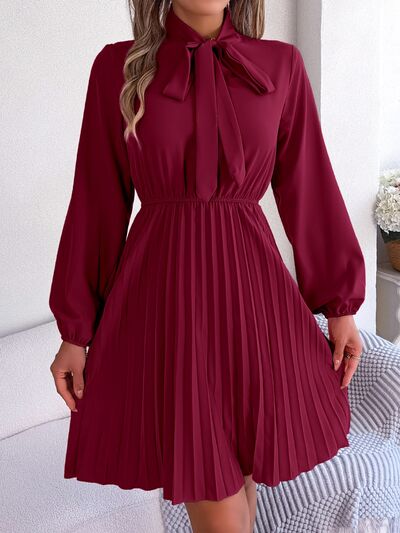 BetsyTie Neck Balloon Sleeve Pleated Dress