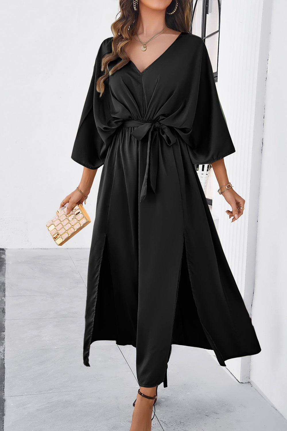 Lorelei Slit Tied V-Neck Three-Quarter Sleeve Dress