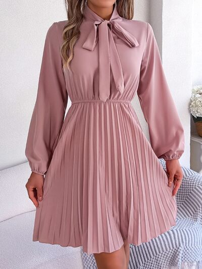 BetsyTie Neck Balloon Sleeve Pleated Dress