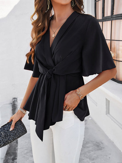 Gemini Surplice Tie Waist Half Sleeve Blouse