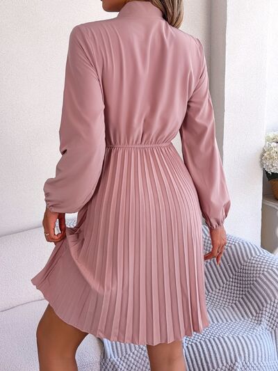 BetsyTie Neck Balloon Sleeve Pleated Dress