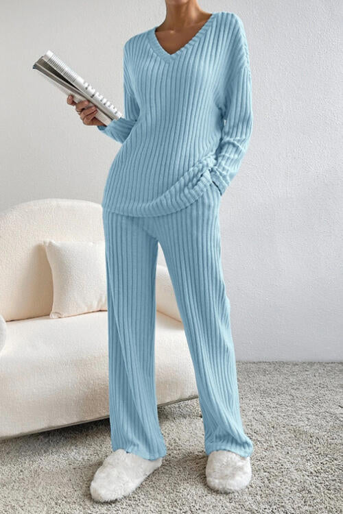 Molly Ribbed V-Neck Top and Pants Set