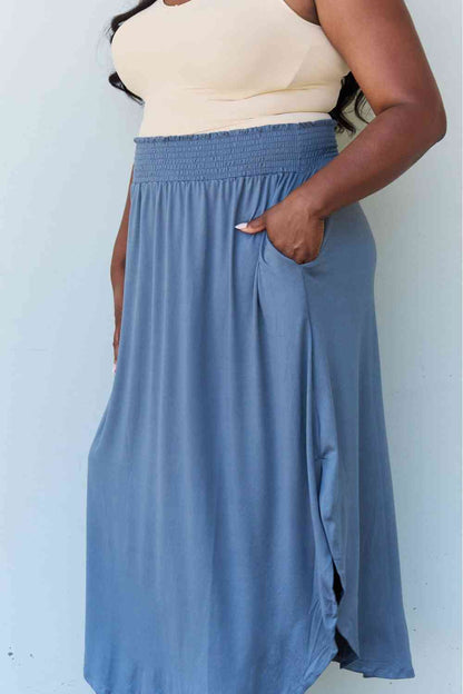 Britt High Waist Scoop Hem Maxi Skirt in Dusty Blue