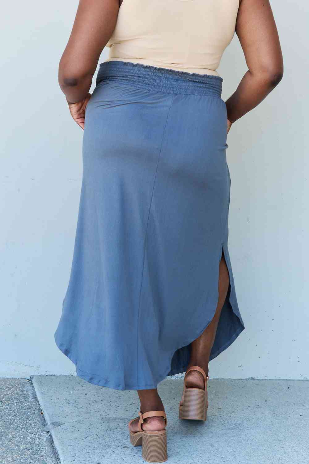 Britt High Waist Scoop Hem Maxi Skirt in Dusty Blue