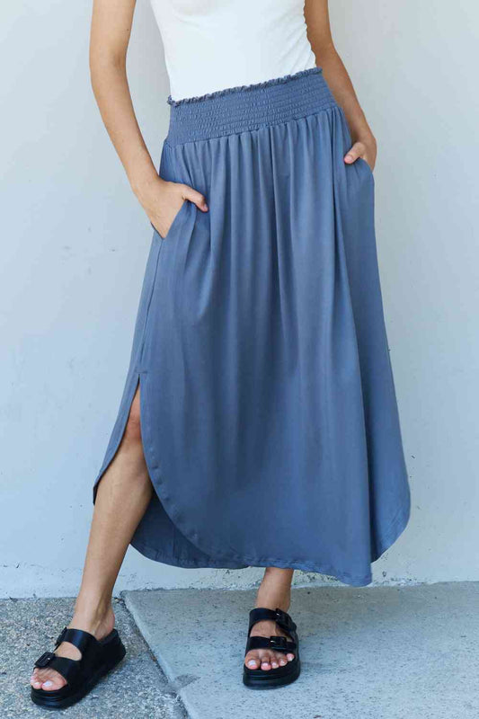 Britt High Waist Scoop Hem Maxi Skirt in Dusty Blue