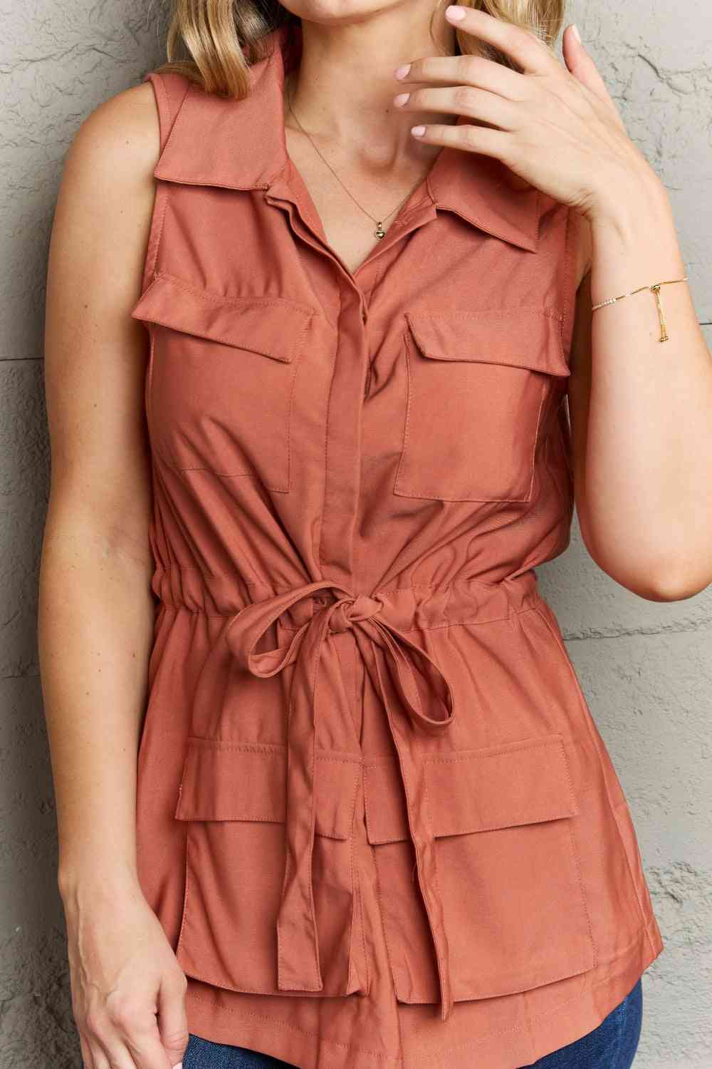 Jenny Sleeveless Collared Button Down Top Brick Red