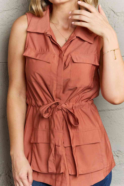 Jenny Sleeveless Collared Button Down Top Brick Red