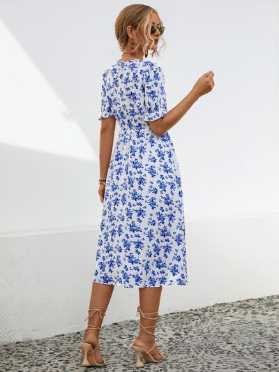 Daria Slit Printed V-Neck Short Sleeve Dress